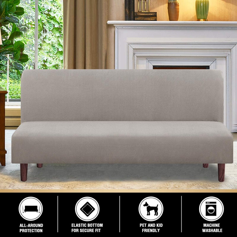 PrinceDeco Stretch Armless Futon Slipcover Full Queen Size Couch Cover Sofa Bed Cover Furniture Protector with Elastic Bottom, Checked Pattern Jacquard, Taupe - Image 5